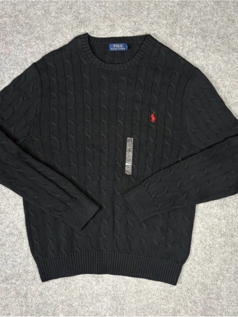 Polo by Ralph Lauren Black Cable-Knit Crewneck Sweater with Red Pony